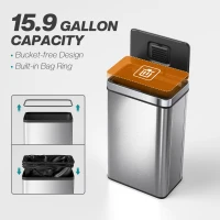 HOMCOM 15.9 Gallon (60 L) Sensor Can, Automatic Garbage Can with Soft-Close Lid, Fingerprint-Proof Stainless Steel, Silver(m-5)