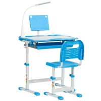 Qaba Kids Desk and Chair Set Height Adjustable Student Writing Desk Children School Study Table with Tilt Desktop, LED Lamp, Pen Box, Drawer, Reading Board, Cup Holder, Blue(m-2)