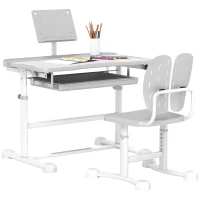 Qaba Height Adjustable Kids Desk and Chair Set with Tilt Desktop, Large Writing Board, Storage Drawer, Book Stand, Grey(m-9)