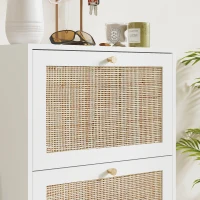 HOMCOM Rattan Shoe Storage Cabinet with 3 Flip Drawers and Adjustable Shelves, Entryway Shoe Cabinet for 18 Pairs, White(m-10)