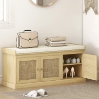 HOMCOM Shoe Storage Bench with Woven Rattan Doors, Shoe Bench with Cushion, Adjustable Shelves, Entryway Bench, Oak Tone(m-11)