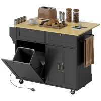 HOMCOM Kitchen Island Cart with Charging Station and Drop Leaf, Kitchen Island Table on Wheels with Trash Can Cabinet, Black(m-2)