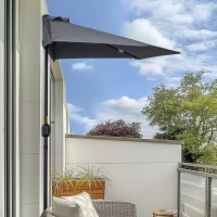 Outsunny 9ft Half Round Patio Umbrella, Outdoor Market Patio Table Umbrella Parasol with Crank Mechanism, 5 Ribs, Grey(m-1)