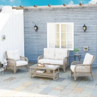 Outsunny 4pc Outdoor Patio Furniture Set, 2 Rattan Chairs, 1 PE Wicker Loveseat Sofa, 1 Center Coffee Table w/ Tempered Glass Table-Top, Soft Cushions for Garden, Cream White(m-10)
