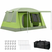 Outsunny Tunnel Tent Camping Shelter w/ Porch, Two Rooms, Lamp Hook, Portable Carry Bag, Green(m-9)