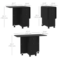 HOMCOM Drop Leaf Dining Table, Mobile Folding Table on Wheels with Drawers and Cabinet for Dining Room, Kitchen, Black(m-3)