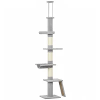 PawHut 90.6" -102.4" Floor-to-Ceiling Cat Tree Adjustable Height with 3-Rod Support, 5-Level Cat Tower, Light Gray(m-1)