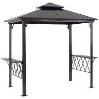 Outsunny Outdoor Hardtop Grill Gazebo Cooking BBQ Canopy w/ 6 Hooks for Utensils and Double Vented PC Roof, Coffee(m-9)