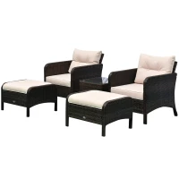Outsunny 5 Pieces Rattan Wicker Lounge Chair Outdoor Patio Conversation Set with 2 Cushioned Chairs, 2 Ottomans and Tempered Glass Top Coffee Table(m-11)