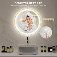 HOMCOM 28" Round Bathroom Mirror with LED Lights, Wall Mounted Vanity Mirror with Anti-Fog Pad, Time and Temp Display, Gold(m-5)