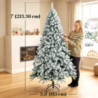 HOMCOM 7ft Snow Flocked Christmas Tree with 1000 Branch Tips, Hinged Design, Artificial Fir Xmas Tree, Green and White(m-3)