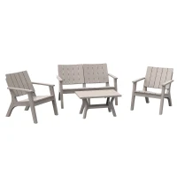 Outsunny 4-Piece Outdoor Patio Conversation Set Garden Furniture Set with Weather-Fighting PP Materials, Adirondack Comfort, & Coffee Table, Light Coffee(m-1)