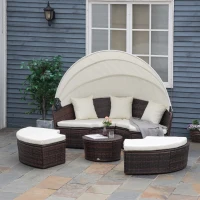 Outsunny 4pc Rattan Patio Furniture Set, Round Convertible Daybed or Sunbed, Adjustable Sun Canopy, Sectional Outdoor Sofa, 2 Chairs, Table, 3 Pillows, PE Plastic Wicker, Beige(m-2)