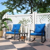 Outsunny 3 Pieces Bistro Set, Patio Wicker Furniture Set with Button Tufted Cushions, Rattan Rocking Chairs, Coffee Table, Blue(m-10)