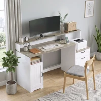 HOMCOM Computer Desk with Power Outlets Office Desk 1 Cabinet File Drawer Grey Brown White(m-8)