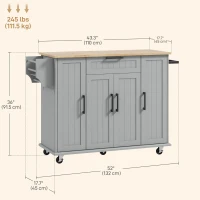 HOMCOM Modern Rolling Kitchen Island Cart with Drawers, Natural Wood Top, Towel Rack, Door Storage Cabinet, Grey(m-3)