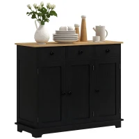 HOMCOM Kitchen Storage Cabinet, Sideboard Floor Cupboard with Solid Wood Top, Adjustable Shelf, and 3 Drawers, Black Wood Grain(m-11)