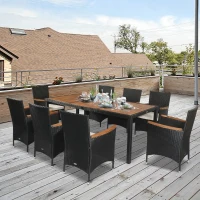 Outsunny 9 Pieces Outdoor Dining Set for 8, Wicker Rattan Patio Furniture Set, Patio Table and Chairs Set with Cushions, Acacia Wood Table Top, Conversation Set for Garden Backyard Deck, Cream White(m-10)