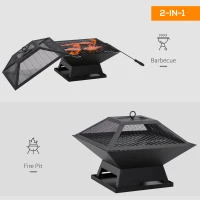 Outsunny 17.7" Wood Burning Portable Fire Pit, Outdoor Firepit with Cooking BBQ Grill, Spark Screen, Poker for Backyard, Black(m-5)