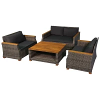 Outsunny 4 Piece Patio PE Rattan Wicker Sofa Set with Acacia Wood Coffee Table, 2 Comfort Single Chairs & 2 Person Couch(m-1)