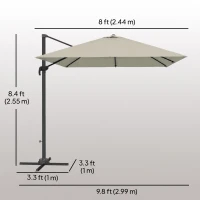 Outsunny 8 FT Aluminium Cantilever Patio Umbrella with 360° Rotation, Cross Base, Crank and Tilt for Garden, Patio, Light Grey(m-3)