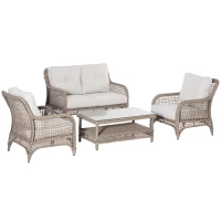 Outsunny 4pc Outdoor Patio Furniture Set, 2 Rattan Chairs, 1 PE Wicker Loveseat Sofa, 1 Center Coffee Table w/ Tempered Glass Table-Top, Soft Cushions for Garden, Cream White(m-1)
