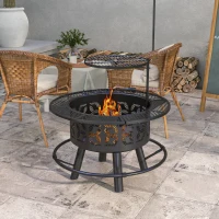 Outsunny Wood Burning Fire Pit Charcoal BBQ Grill, Portable Firepit with Adjustable Grill Grate, Pan and Poker, 33", Black(m-8)