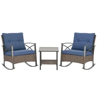 Outsunny 3 Piece Rocking Bistro Set, Outdoor Wicker Patio Conversation Set with Rockers, Table, Cushions, for Garden, Dark Blue(m-11)