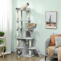 PawHut 67" Large Cat Tree with 7 Scratching Posts, Tunnel, 2 Condos, Hammock, Perch, Ramp, Pompoms, Light Grey(m-1)