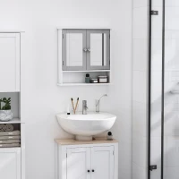 kleankin Medicine Cabinet with Mirror Bathroom Wall Cabinet with Double Doors, Open Shelf, and Adjustable Shelf, Modern Bathroom Wall Cabinet, White and Grey(m-1)