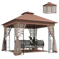 Outsunny 10'x10' Soft-top Steel Patio Gazebo Outdoor Sun Shelter with 2-Tier Polyester Roof, Curtain Sidewalls, Dark Brown(m-9)