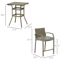 Outsunny 3 PCS Rattan Wicker Bar Set with Wood Grain Top Table and 2 Bar Stools for Outdoor, Patio, Poolside, Garden, Grey(m-3)