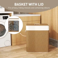HOMCOM Double Laundry Basket with Lid, 26.4 Gallon Bamboo Laundry Hamper with Rope Handles and Removable Liner, Brown(m-5)
