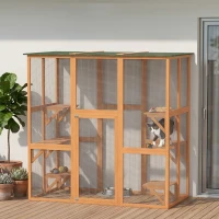 PawHut 71" x 39" x 71" Cat Cage, Large Outdoor Wooden Cat Patio with 6 Balanced Platforms and Asphalt Roof, Orange(m-8)