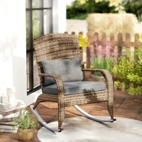 Outsunny Adirondack Chair, Outdoor Wicker Rocking Chair with High Back, Seat Cushion and Pillow for Porch, Balcony, Grey/Yellow(m-1)