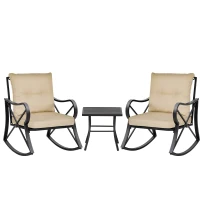 Outsunny 3-Piece Patio Bistro Set Outdoor Rocking Coffee Table Chair Set with Curved Base, Soft Cushions, Steel Frame, Beige(m-12)