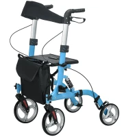 HOMCOM Rollator Walker with Seat and Backrest, Height Adjustable Aluminum Rolling Walker with 10'' Front Wheels, Storage Bag, Lightweight Mobility Walking Aid for Seniors, Adults, 300lb Capacity, Blue(m-1)