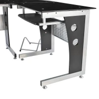 HOMCOM L-Shaped Corner Computer Desk Gaming Table Home Office Workstation Glass Top P2 MDF with Keyboard Tray - Black(m-7)