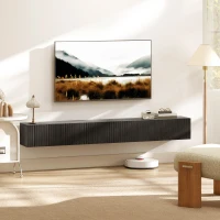 HOMCOM 71" Floating TV Stand for TVs up to 72 Inch, Wall Mount Media Console with 2 Fluted Flip-Down Doors, Cable Hole, Black(m-1)