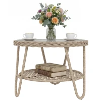 Outsunny Rattan Outdoor Coffee Table, 2-Tier Small Garden Side Table with Storage Shelf, Tempered Glass Top, Adjustable Footpads(m-2)