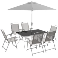 Outsunny 8 Piece Patio Set with Umbrella, 6 Folding Chairs, Rectangle Table, Outdoor Dining Set for 6 with Mesh Seat, Grey(m-9)