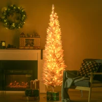 HOMCOM 6' Pre Lit Artificial Pencil Christmas Trees, Xmas Tree with Realistic Branches and Warm White LED Lights, Pink(m-1)