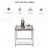 Outsunny Rattan Coffee Table, Wicker Patio Side Table with Tempered Glass Top and Aluminum Frame for Outdoor, Garden, Gray(m-4)
