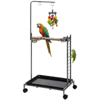 PawHut Bird Stand with Wheels Parrot Stand with Slide-out Tray Stainless Steel Bowls for Indoor Outdoor Dark Gray(m-11)