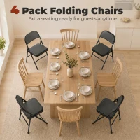HOMCOM Set of 4 Metal Foldable Chairs, PU Leather Padded Folding Chairs with Cushion Seat and Open Back for Indoor, Black(m-7)