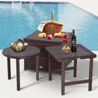 Outsunny 3 Piece Rattan Wicker Side Table Set with Square, Round Shape, Outdoor Garden Coffee Bistro Table, Brown(m-10)