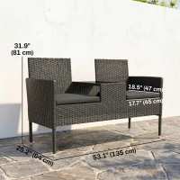 Outsunny Patio Furniture w/ Mid-Table PE Rattan Loveseat w/ Cushion, Black(m-3)