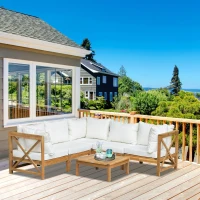 Outsunny 6-Piece Patio Furniture Set, Wooden Conversation Set, Modular Design Sectional Sofa Set with Coffee Table & 8 Pillows for Lawn, Backyard, White(m-10)