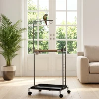 PawHut Bird Stand with Wheels Parrot Stand with Slide-out Tray Stainless Steel Bowls for Indoor Outdoor Dark Gray(m-9)