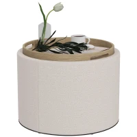 HOMCOM Round Coffee Table, End Table with Hidden Storage and Tray Top, Linen Upholstered Footrest for Living Room(m-9)